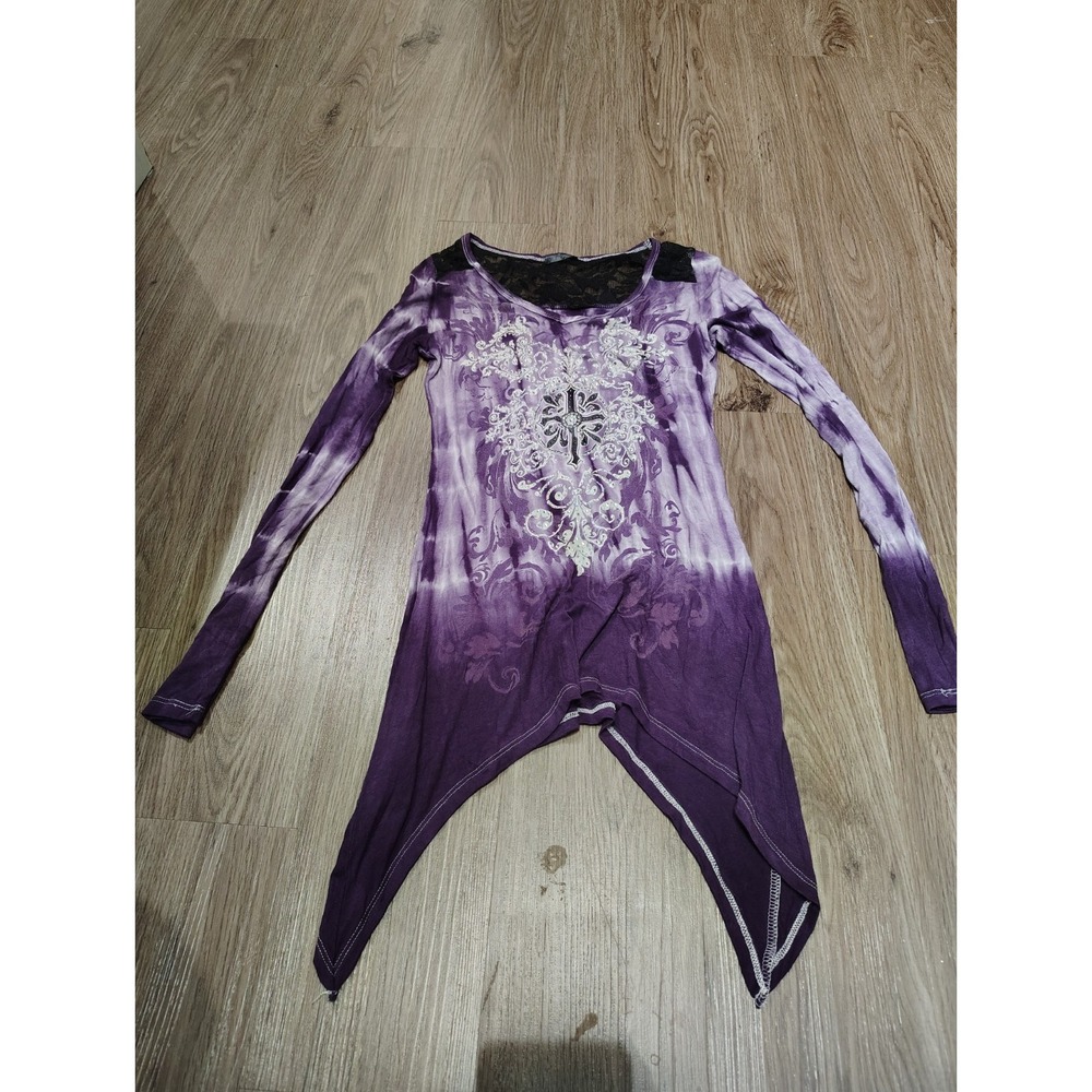 Vocal Affliction Y2K Purple Tie Dye Angel Wings Rhinestone Long Sleeve Top S